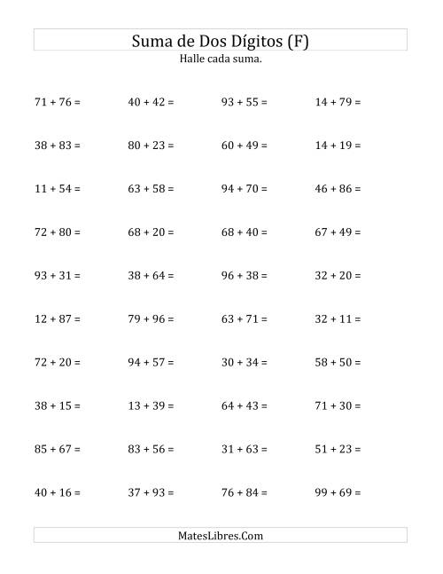 La hoja de ejercicios de Suma Horizontal de Dos Dígitos con Alguna Reagrupación (F)