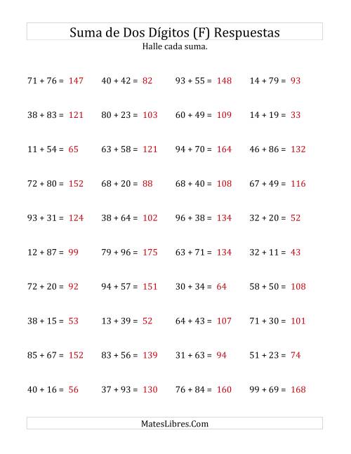 La hoja de ejercicios de Suma Horizontal de Dos Dígitos con Alguna Reagrupación (F) Página 2