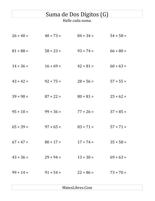 La hoja de ejercicios de Suma Horizontal de Dos Dígitos con Alguna Reagrupación (G)