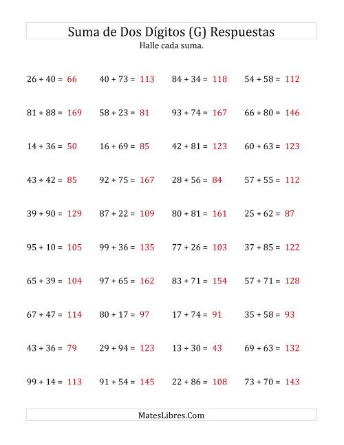 La hoja de ejercicios de Suma Horizontal de Dos Dígitos con Alguna Reagrupación (G) Página 2