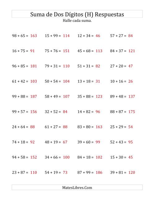 La hoja de ejercicios de Suma Horizontal de Dos Dígitos con Alguna Reagrupación (H) Página 2