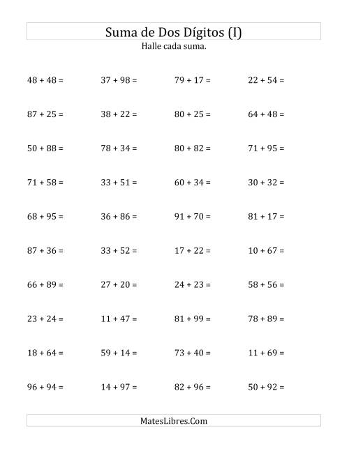 La hoja de ejercicios de Suma Horizontal de Dos Dígitos con Alguna Reagrupación (I)