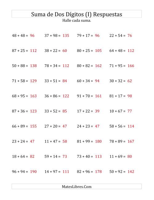 La hoja de ejercicios de Suma Horizontal de Dos Dígitos con Alguna Reagrupación (I) Página 2