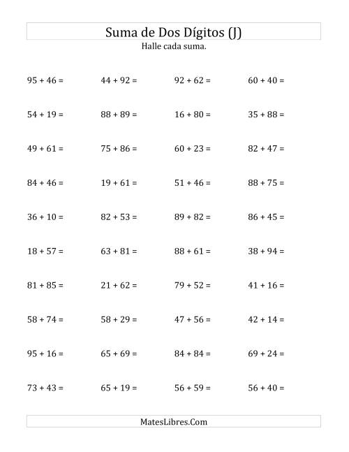 La hoja de ejercicios de Suma Horizontal de Dos Dígitos con Alguna Reagrupación (J)