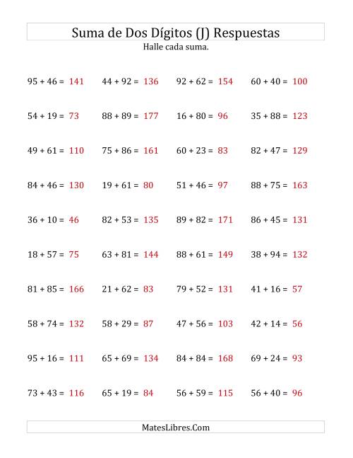 La hoja de ejercicios de Suma Horizontal de Dos Dígitos con Alguna Reagrupación (J) Página 2