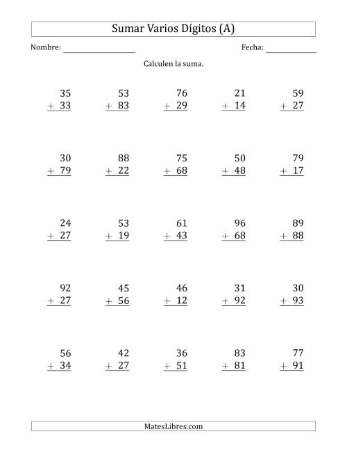 La hoja de ejercicios de Sumas de 2 Dígitos más 2 Dígitos con Acarreo en Algunas Preguntas (A)