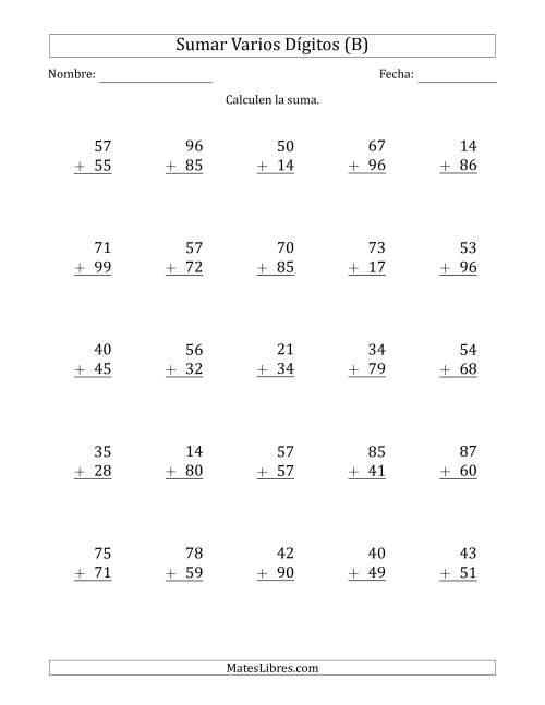 La hoja de ejercicios de Sumas de 2 Dígitos más 2 Dígitos con Acarreo en Algunas Preguntas (B)
