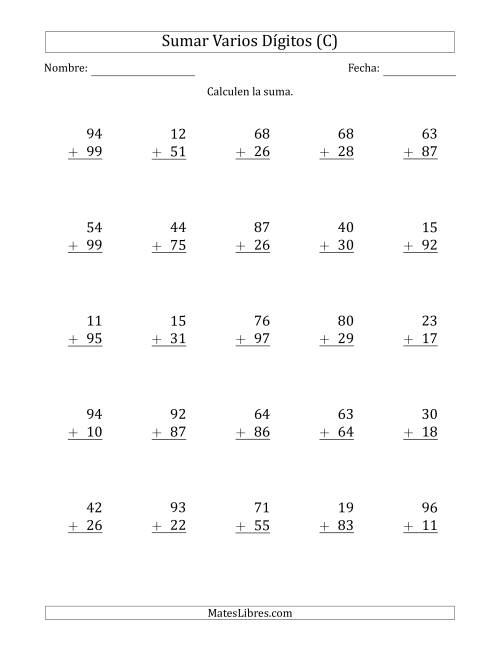 La hoja de ejercicios de Sumas de 2 Dígitos más 2 Dígitos con Acarreo en Algunas Preguntas (C)