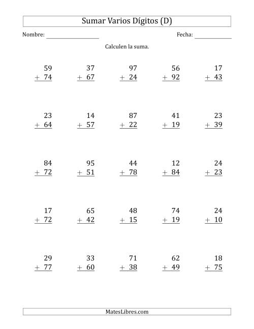 La hoja de ejercicios de Sumas de 2 Dígitos más 2 Dígitos con Acarreo en Algunas Preguntas (D)