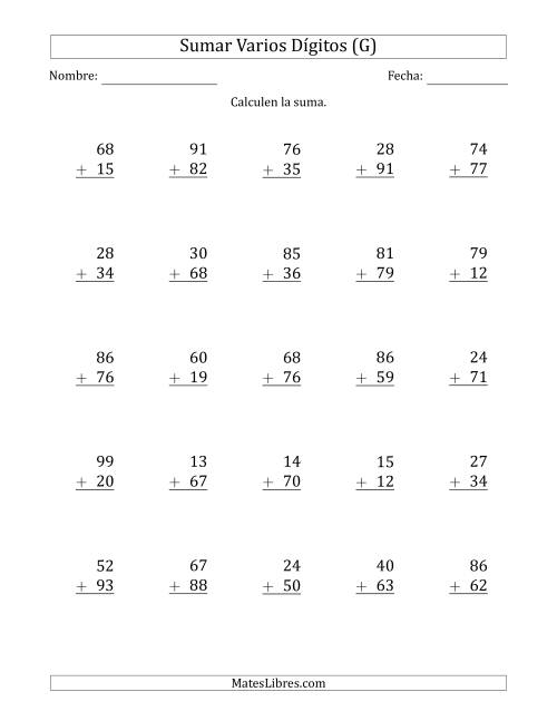 La hoja de ejercicios de Sumas de 2 Dígitos más 2 Dígitos con Acarreo en Algunas Preguntas (G)