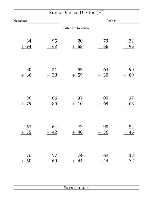 La hoja de ejercicios de Sumas de 2 Dígitos más 2 Dígitos con Acarreo en Algunas Preguntas (H)