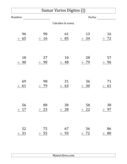 La hoja de ejercicios de Sumas de 2 Dígitos más 2 Dígitos con Acarreo en Algunas Preguntas (J)