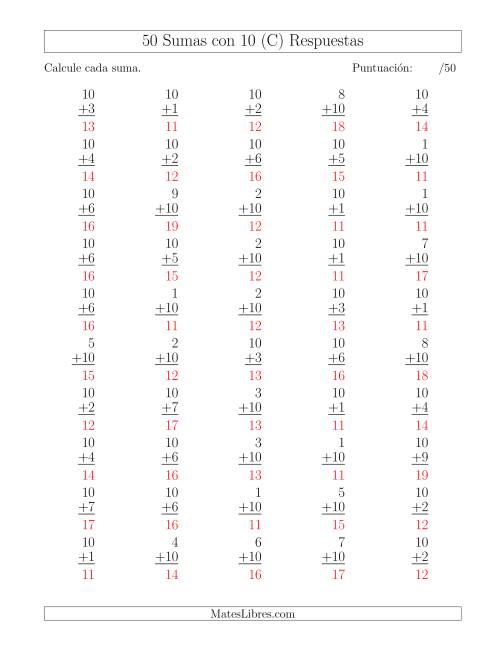 La hoja de ejercicios de 50 Sumas con 10 (C) Página 2