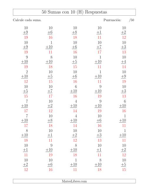 La hoja de ejercicios de 50 Sumas con 10 (H) Página 2