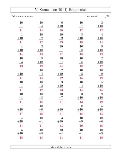 La hoja de ejercicios de 50 Sumas con 10 (I) Página 2