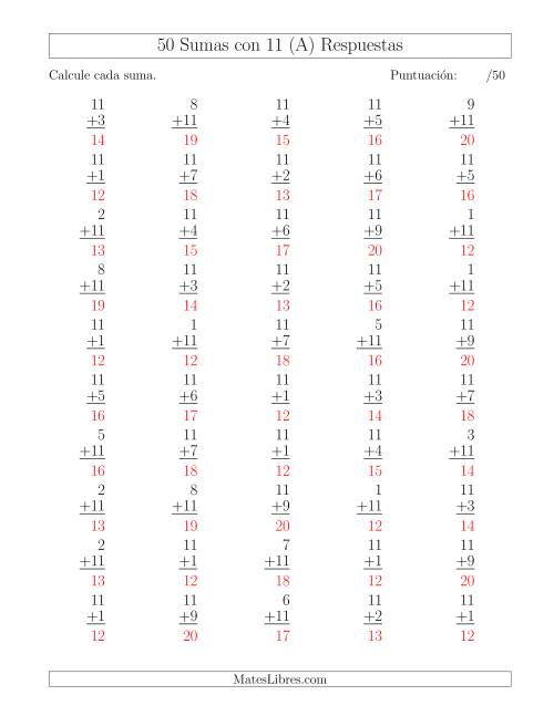 La hoja de ejercicios de 50 Sumas con 11 (A) Página 2