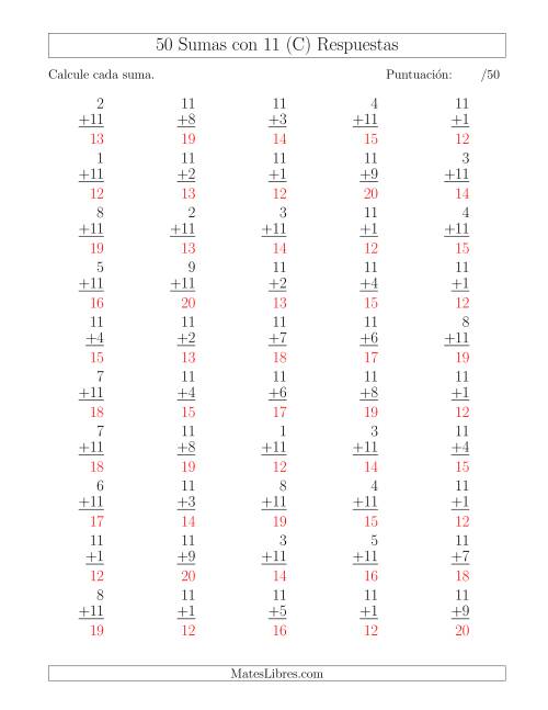 La hoja de ejercicios de 50 Sumas con 11 (C) Página 2