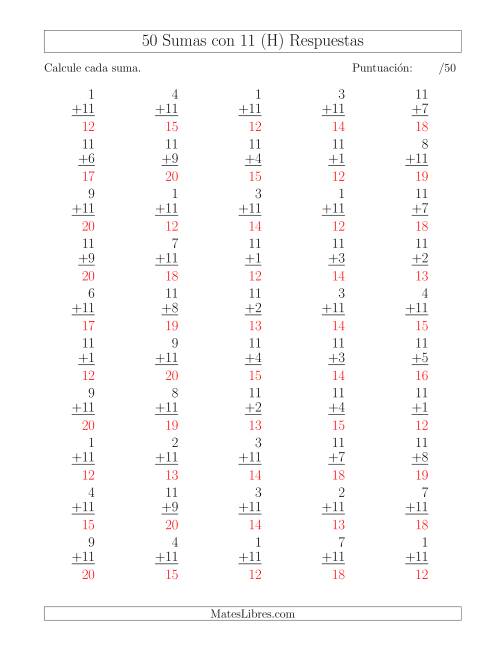 La hoja de ejercicios de 50 Sumas con 11 (H) Página 2