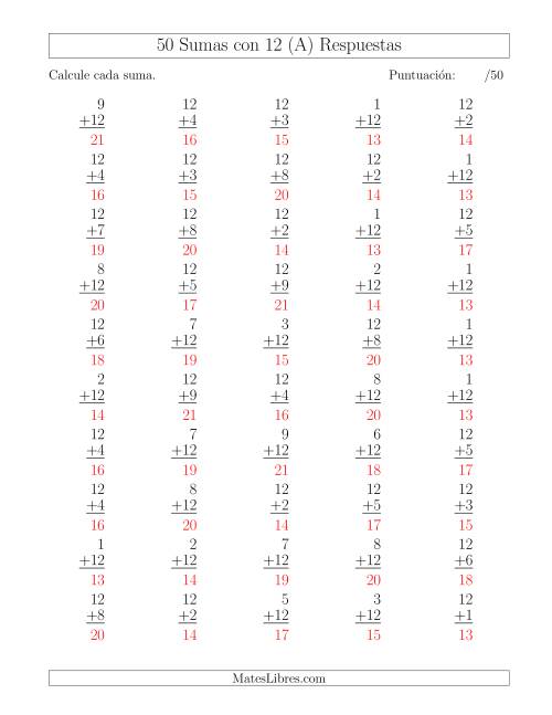 La hoja de ejercicios de 50 Sumas con 12 (A) Página 2