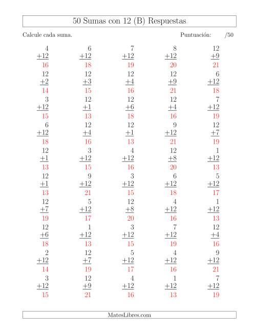 La hoja de ejercicios de 50 Sumas con 12 (B) Página 2