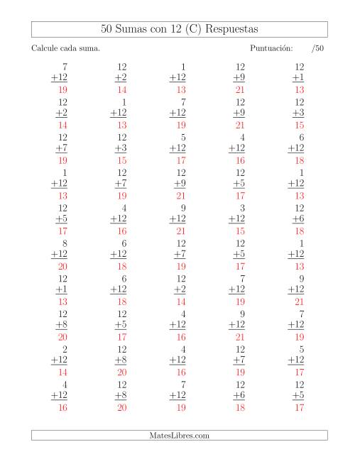 La hoja de ejercicios de 50 Sumas con 12 (C) Página 2