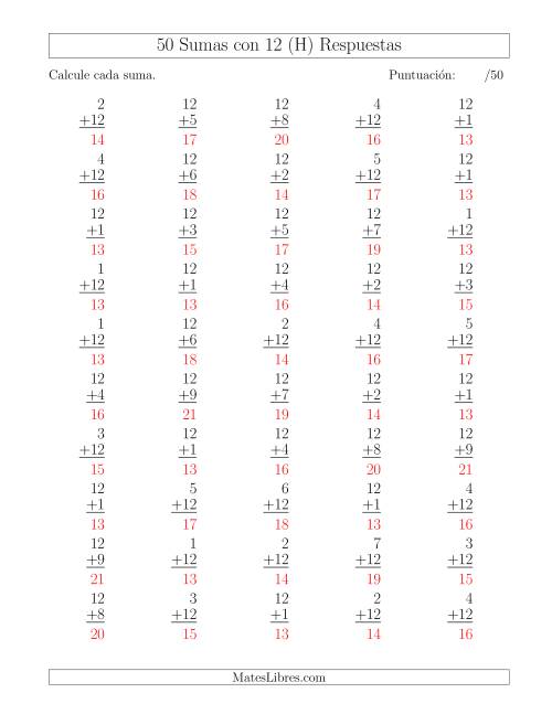 La hoja de ejercicios de 50 Sumas con 12 (H) Página 2
