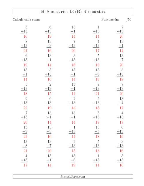 La hoja de ejercicios de 50 Sumas con 13 (B) Página 2