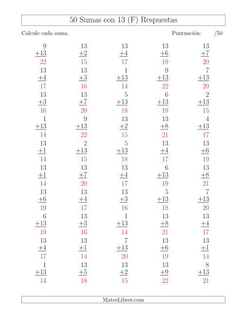 La hoja de ejercicios de 50 Sumas con 13 (F) Página 2