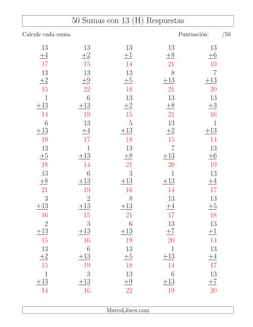 La hoja de ejercicios de 50 Sumas con 13 (H) Página 2