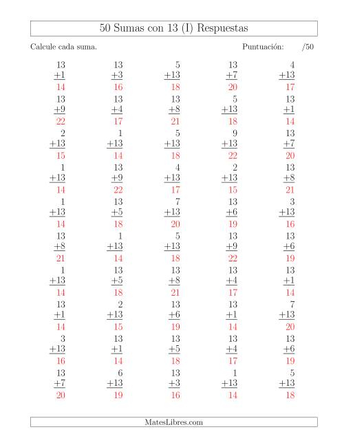 La hoja de ejercicios de 50 Sumas con 13 (I) Página 2