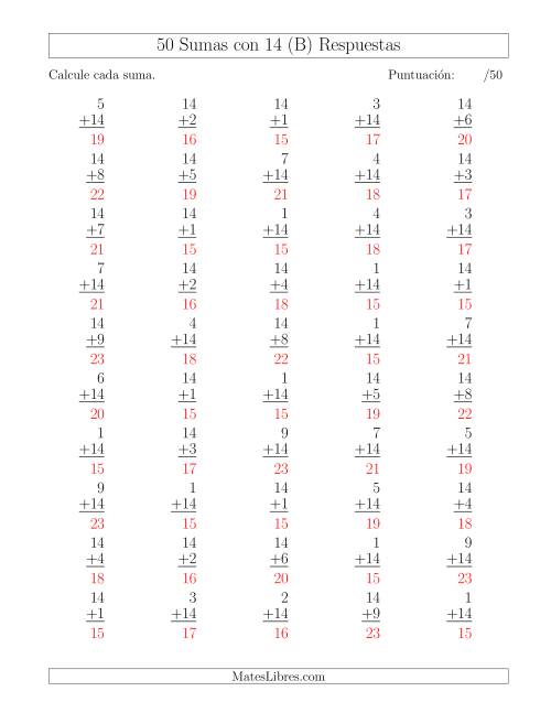 La hoja de ejercicios de 50 Sumas con 14 (B) Página 2
