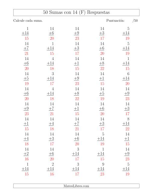 La hoja de ejercicios de 50 Sumas con 14 (F) Página 2