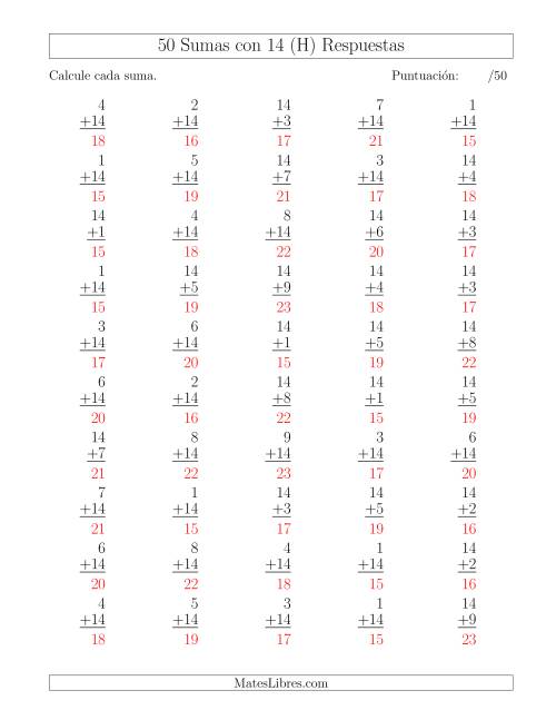 La hoja de ejercicios de 50 Sumas con 14 (H) Página 2