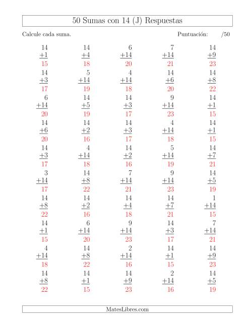 La hoja de ejercicios de 50 Sumas con 14 (J) Página 2
