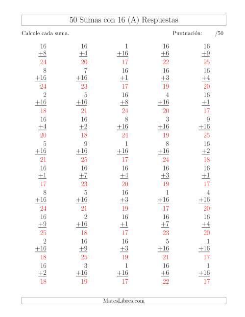 La hoja de ejercicios de 50 Sumas con 16 (A) Página 2