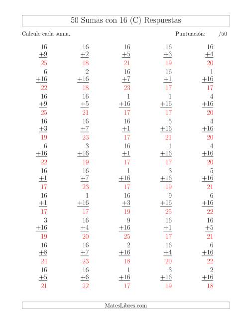 La hoja de ejercicios de 50 Sumas con 16 (C) Página 2