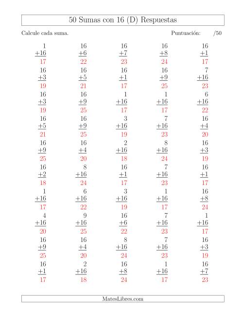 La hoja de ejercicios de 50 Sumas con 16 (D) Página 2
