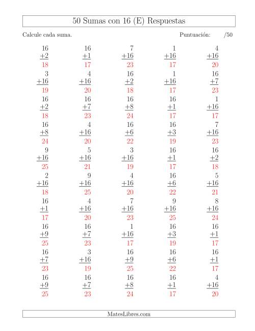 La hoja de ejercicios de 50 Sumas con 16 (E) Página 2