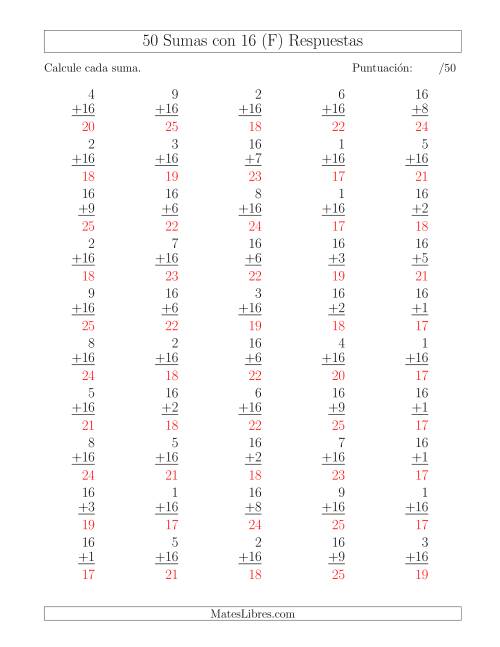 La hoja de ejercicios de 50 Sumas con 16 (F) Página 2