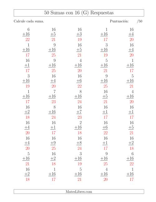 La hoja de ejercicios de 50 Sumas con 16 (G) Página 2