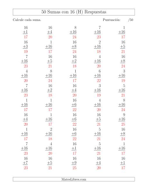 La hoja de ejercicios de 50 Sumas con 16 (H) Página 2