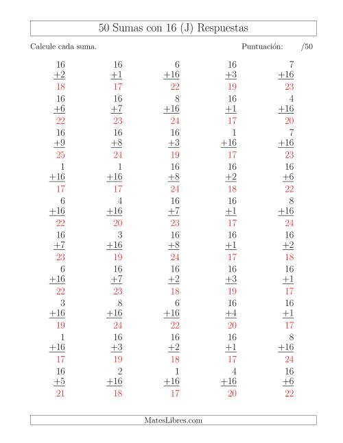 La hoja de ejercicios de 50 Sumas con 16 (J) Página 2