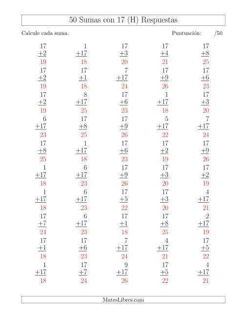 La hoja de ejercicios de 50 Sumas con 17 (H) Página 2