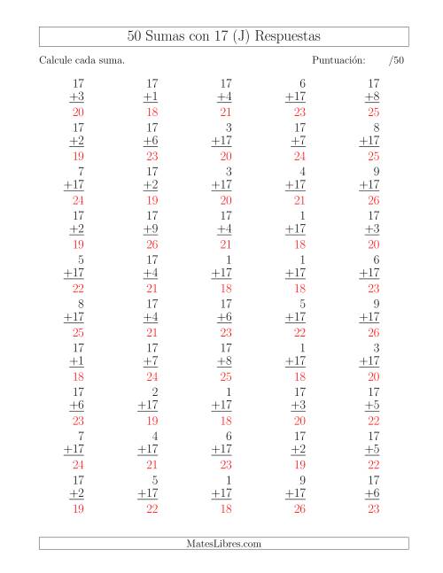 La hoja de ejercicios de 50 Sumas con 17 (J) Página 2