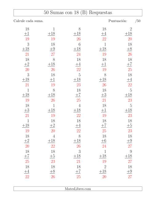 La hoja de ejercicios de 50 Sumas con 18 (B) Página 2