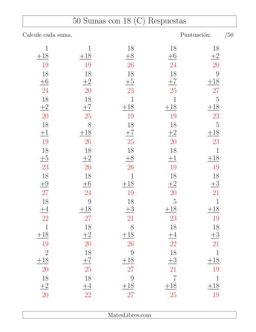 La hoja de ejercicios de 50 Sumas con 18 (C) Página 2