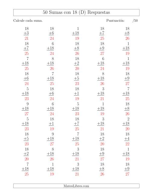 La hoja de ejercicios de 50 Sumas con 18 (D) Página 2
