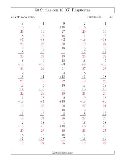 La hoja de ejercicios de 50 Sumas con 18 (G) Página 2