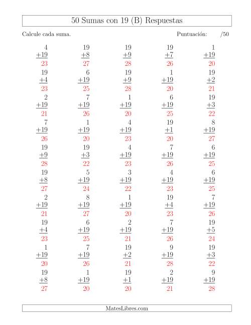 La hoja de ejercicios de 50 Sumas con 19 (B) Página 2