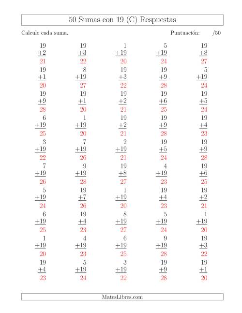 La hoja de ejercicios de 50 Sumas con 19 (C) Página 2